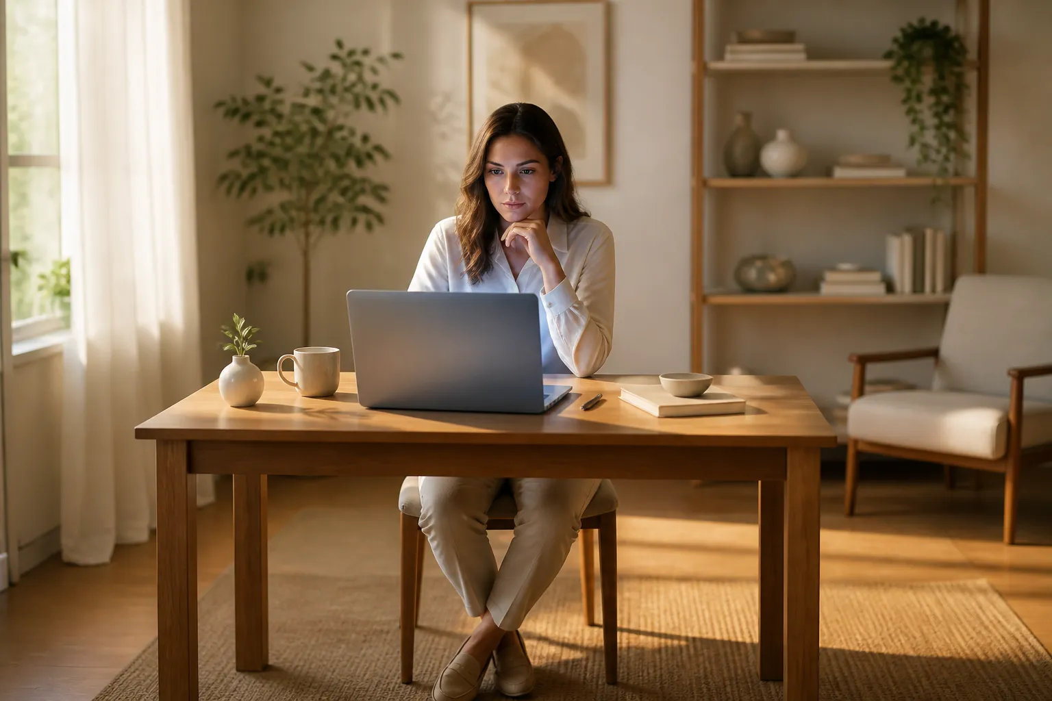 Marketing professional reviewing an AI search audit report on a laptop